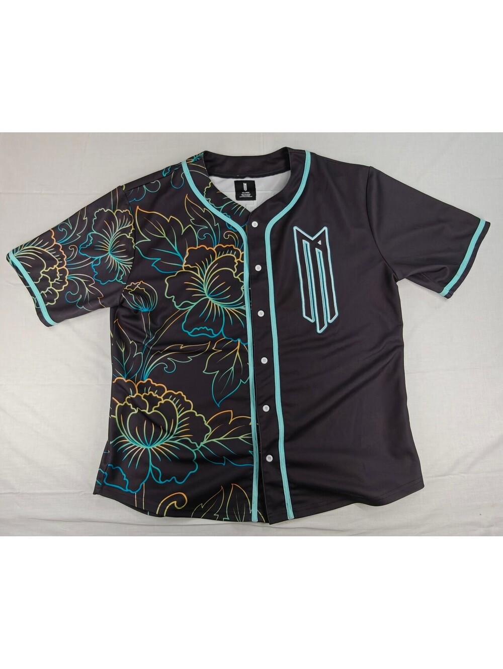 MITS Menโs XXL Black Floral Baseball Jersey 91 Button Front Graphic Shirt